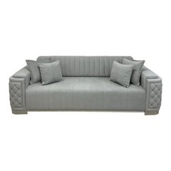 Canapea extensibilă cu 3 locuri RUBENS GRI DESCHIS M17 ARGINT 246*98*80 (cadru din lemn, umplutură PPU, tapițerie din stofă, culoare gri deschis M17, decor argintiu, completată cu 4 perne decorative)(29605)