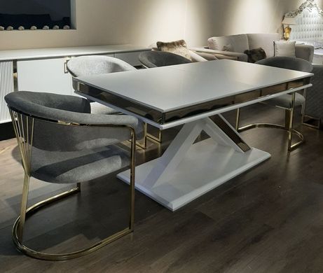 Dining folding table MILANO WHITE-GOLD 180/220/260*95*77 (table-top white glossy MDF + gold décor + white glossy MDF insert, white glossy leg + gold decorative strip of tempered glass)(29629)