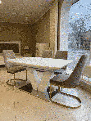 Masă pentru sufragerie Cambridge 140 cm (sticlă mată), TES MOBILI, blat din sticlă mată, culoare albă, picior alb, insert decorativ metalic, suport metalic(29127)