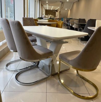 Masă pentru sufragerie Cambridge 140 cm (sticlă mată), TES MOBILI, blat din sticlă mată, culoare albă, picior alb, insert decorativ metalic, suport metalic(29127)