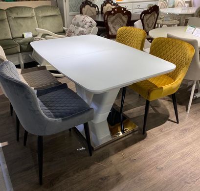Masă pentru sufragerie Cambridge 140 cm (sticlă mată), TES MOBILI, blat din sticlă mată, culoare albă, picior alb, insert decorativ metalic, suport metalic(29127)