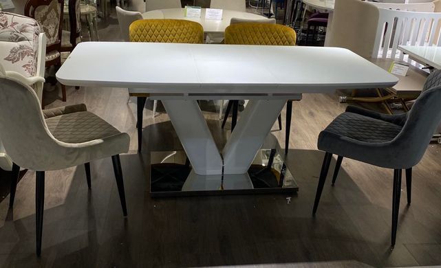 Masă pentru sufragerie Cambridge 140 cm (sticlă mată), TES MOBILI, blat din sticlă mată, culoare albă, picior alb, insert decorativ metalic, suport metalic(29127)
