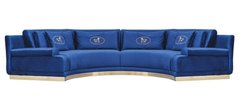 Canapea unghiulară extensibilă MONTE CARLO ALBASTRU AURIU 360*100*80 (cadru din lemn, umplutură PPU, tapițerie din stofă, culoare albastru, decor auriu, completată cu 5 perne decorative)(29707)