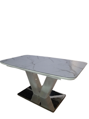 Masă pentru sufragerie Cambridge 160 cm (sticlă ceramică), TES MOBILI, Blat ceramic lucios, culoare marmură albă, picior alb, insert decorativ metalic, suport metalic(29324)